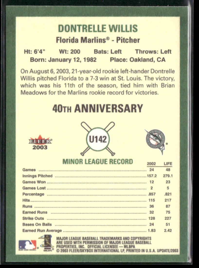 Dontrelle Willis 2003 Fleer Tradition Update #U142 Florida Marlins