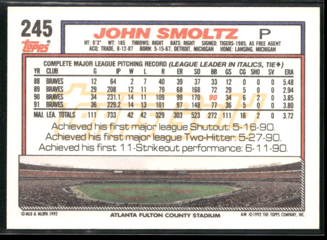 John Smoltz 1992 Topps Gold Winners #245 Atlanta Braves