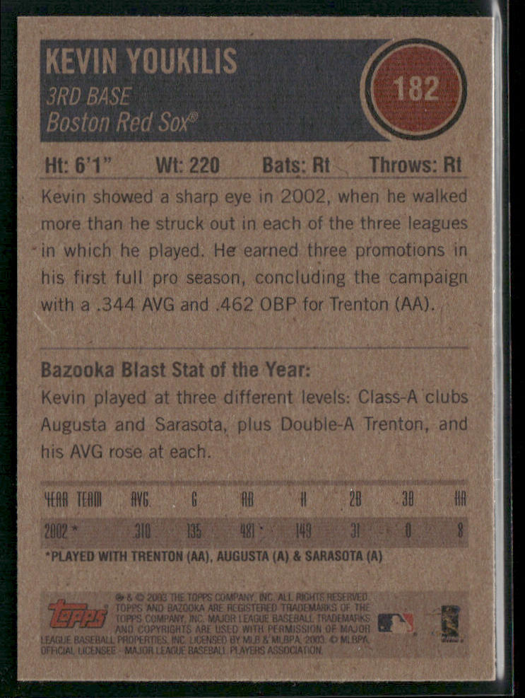 Kevin Youkilis 2003 Bazooka #182 RC Boston Red Sox back