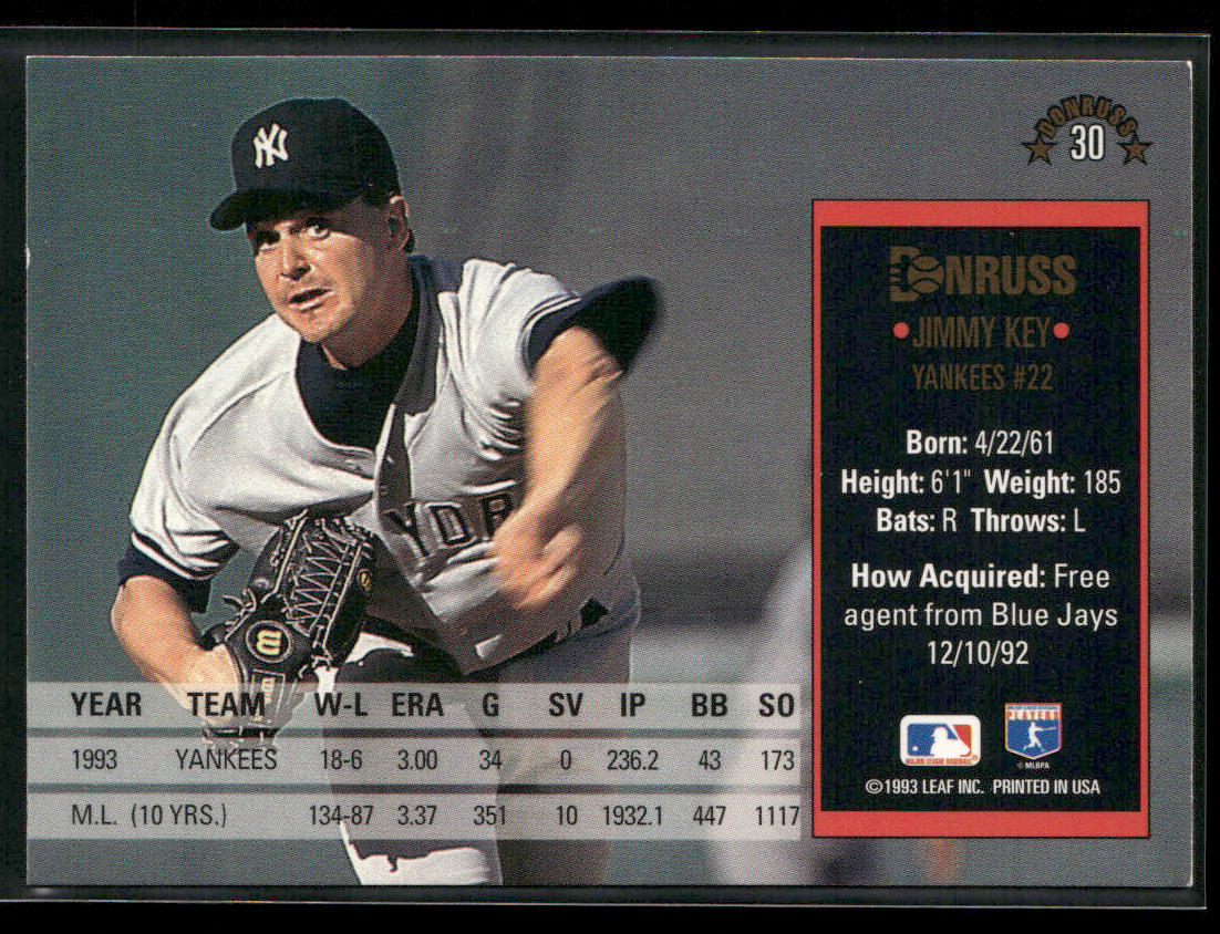 Jimmy Key 1994 Donruss #30 New York Yankees