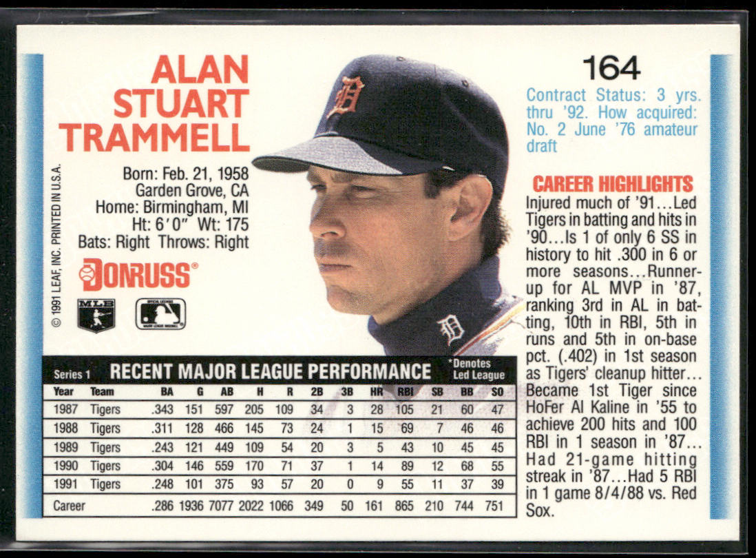 Alan Trammell 1992 Donruss #164b Detroit Tigers