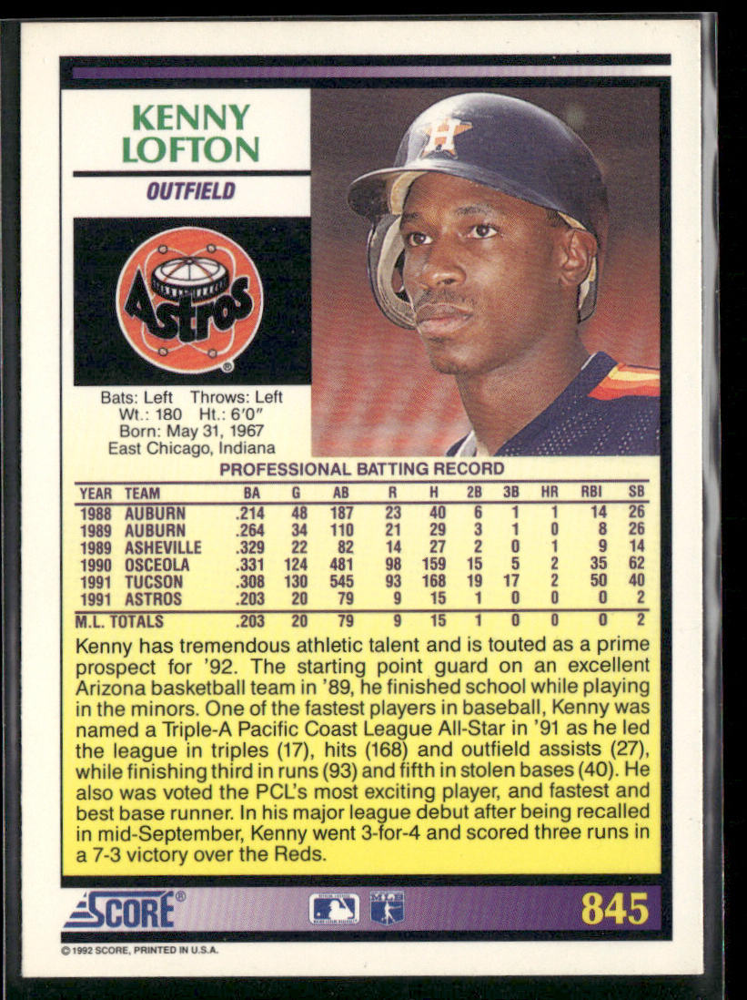 Kenny Lofton 1992 Score #845 Houston Astros