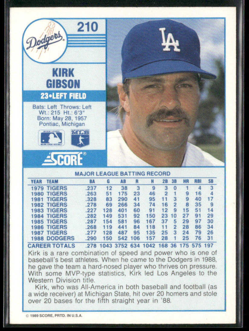 Kirk Gibson 1989 Score #210 Los Angeles Dodgers