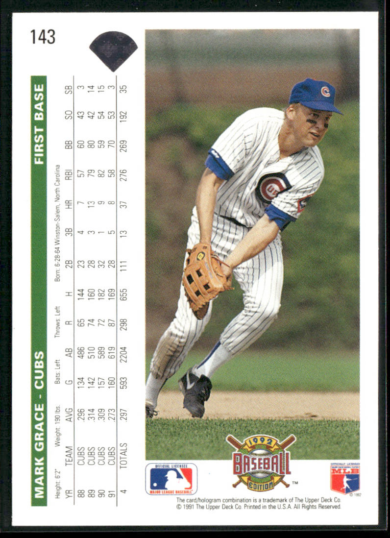 Mark Grace 1992 Upper Deck #143 Chicago Cubs