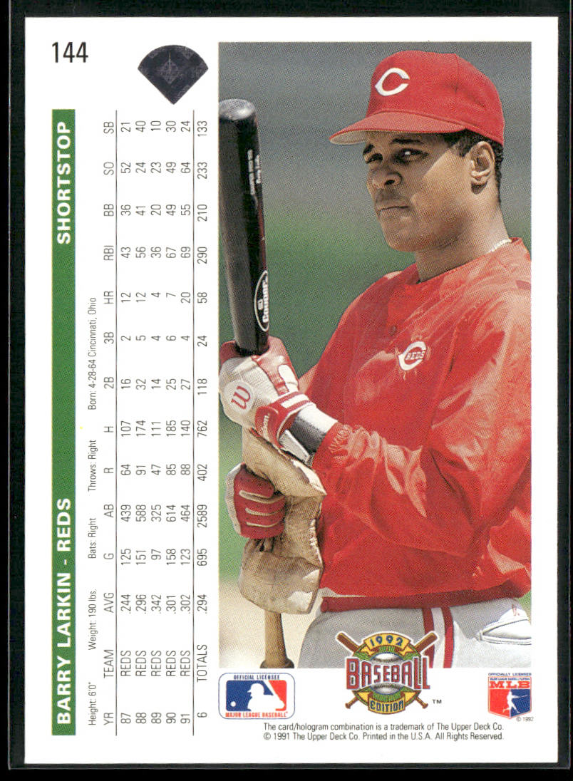 Barry Larkin 1992 Upper Deck #144 Cincinnati Reds