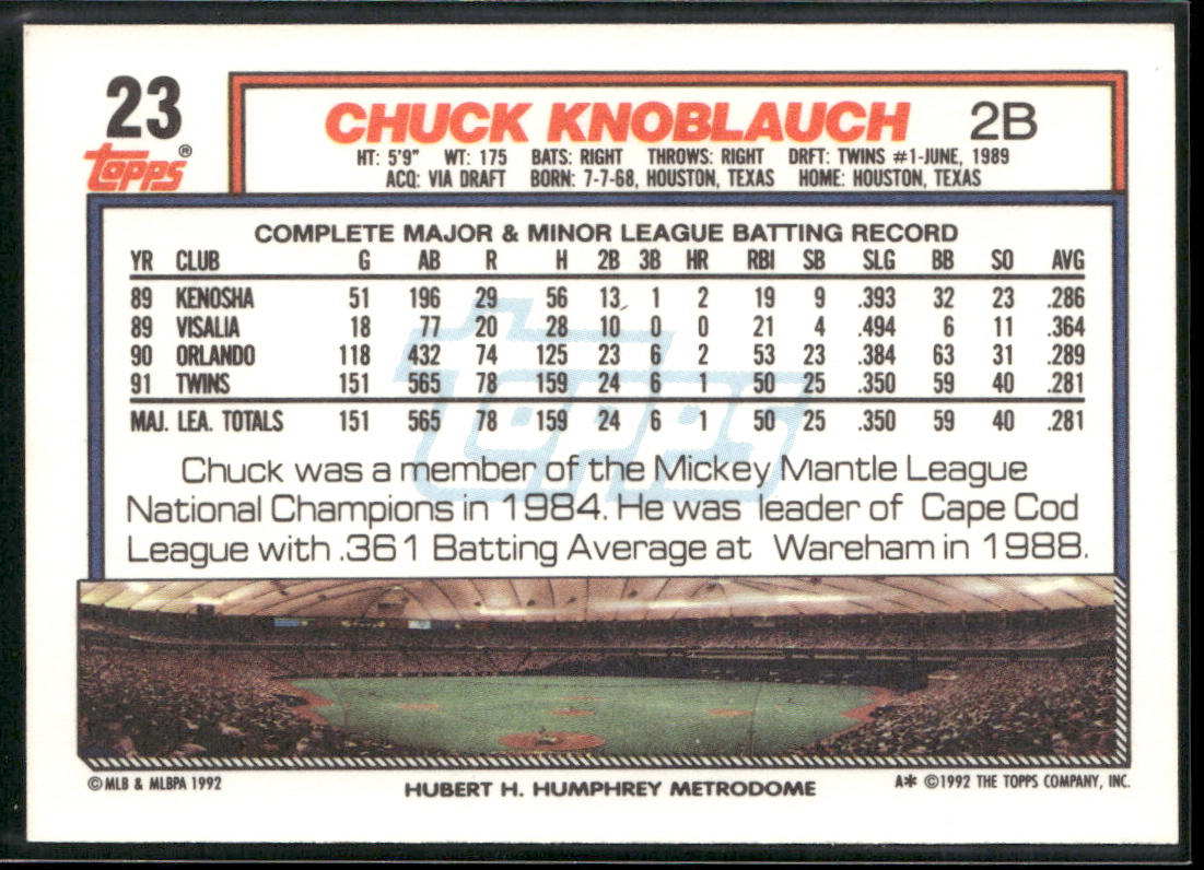 Chuck Knoblauch 1992 Topps #23 Minnesota Twins