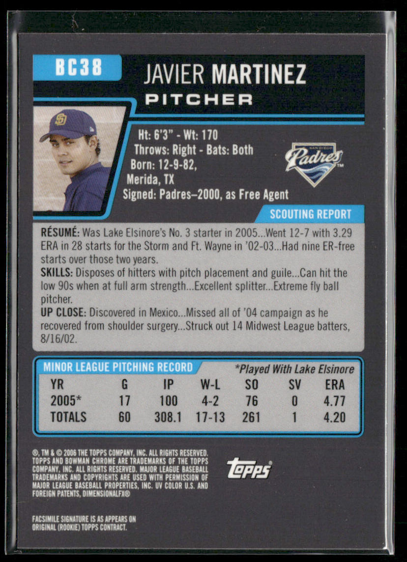 Javier Martinez 2006 Bowman Chrome Prospects #BC38 San Diego Padres