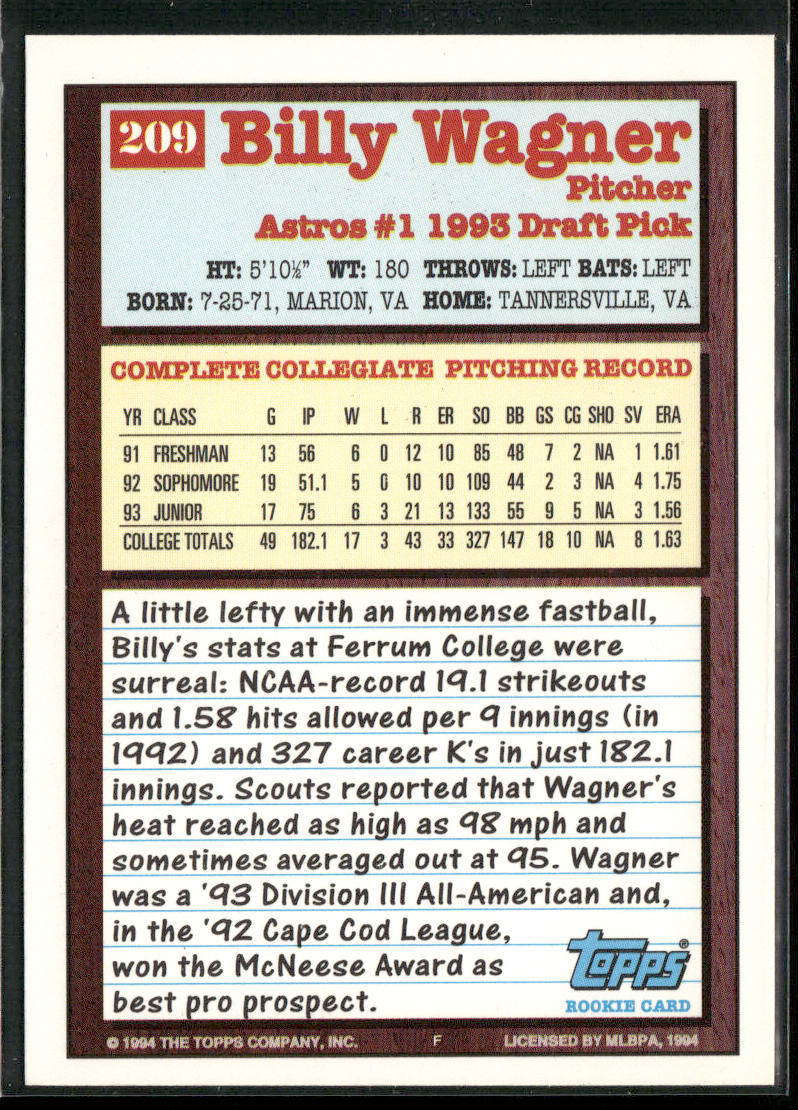 Billy Wagner 1994 Topps #209 RC Houston Astros