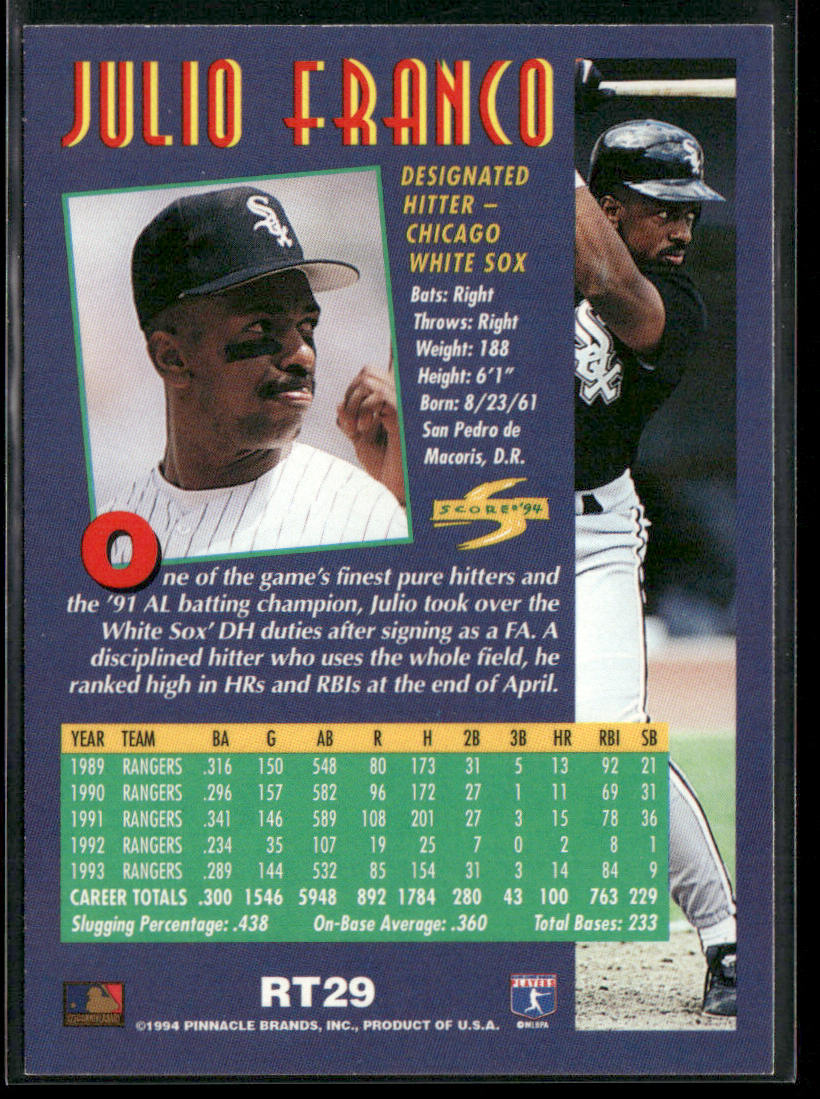 Julio Franco 1994 Score Rookie & Traded #RT29 Chicago White Sox
