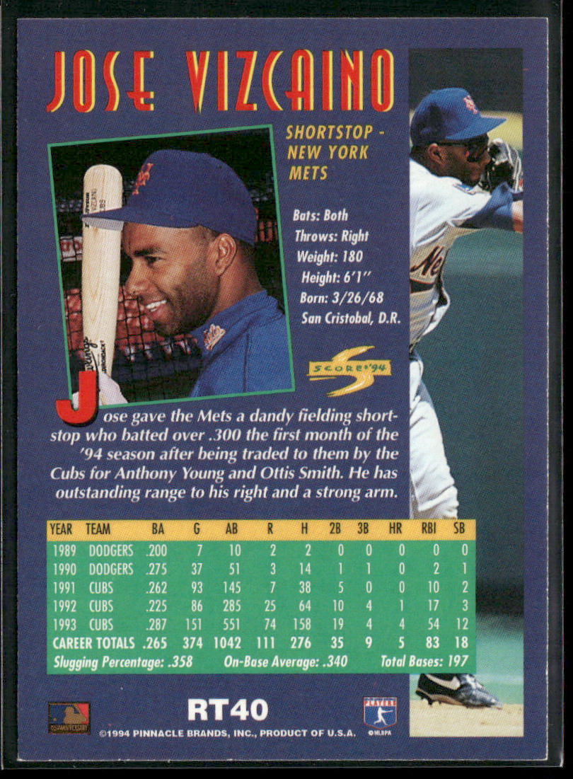 Jose Vizcaino 1994 Score Rookie & Traded #RT40 New York Mets