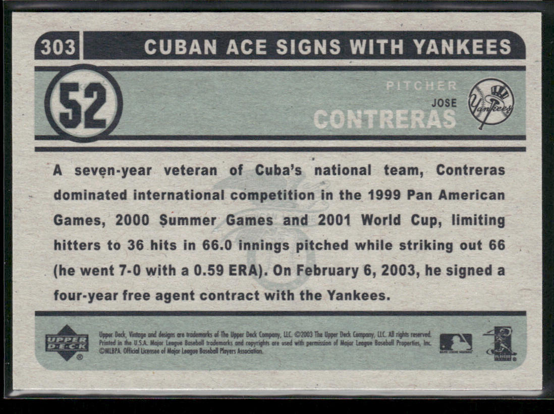 Jose Contreras 2003 Upper Deck Vintage #303 RC New York Yankees