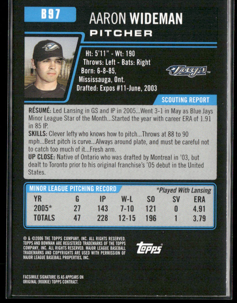 Aaron Wideman 2006 Bowman Prospects #B97 Toronto Blue Jays