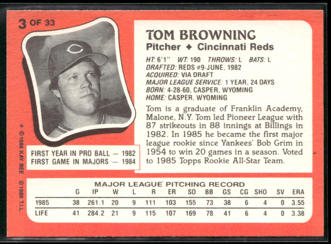 Tom Browning 1986 Topps Kay-Bee Young Superstars of Baseball #3 Cincinnati Reds