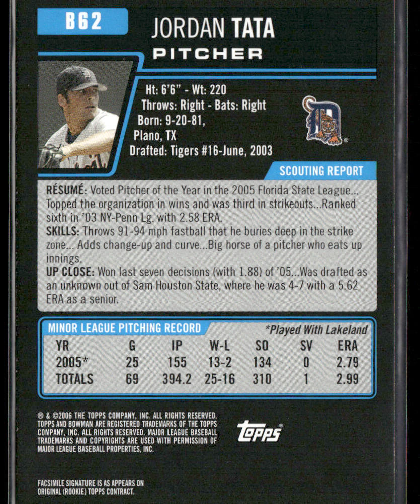 Jordan Tata 2006 Bowman Prospects #B62 Detroit Tigers