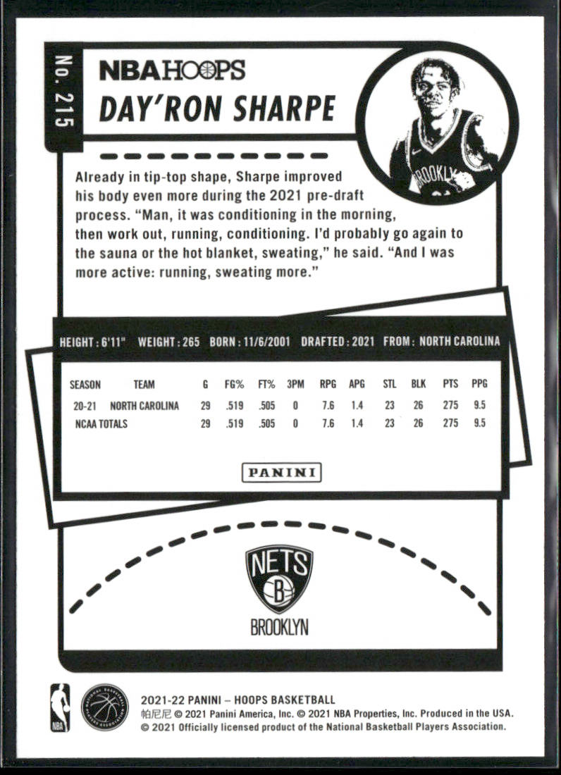Day'Ron Sharpe 2021-22 Hoops #215 RC Brooklyn Nets