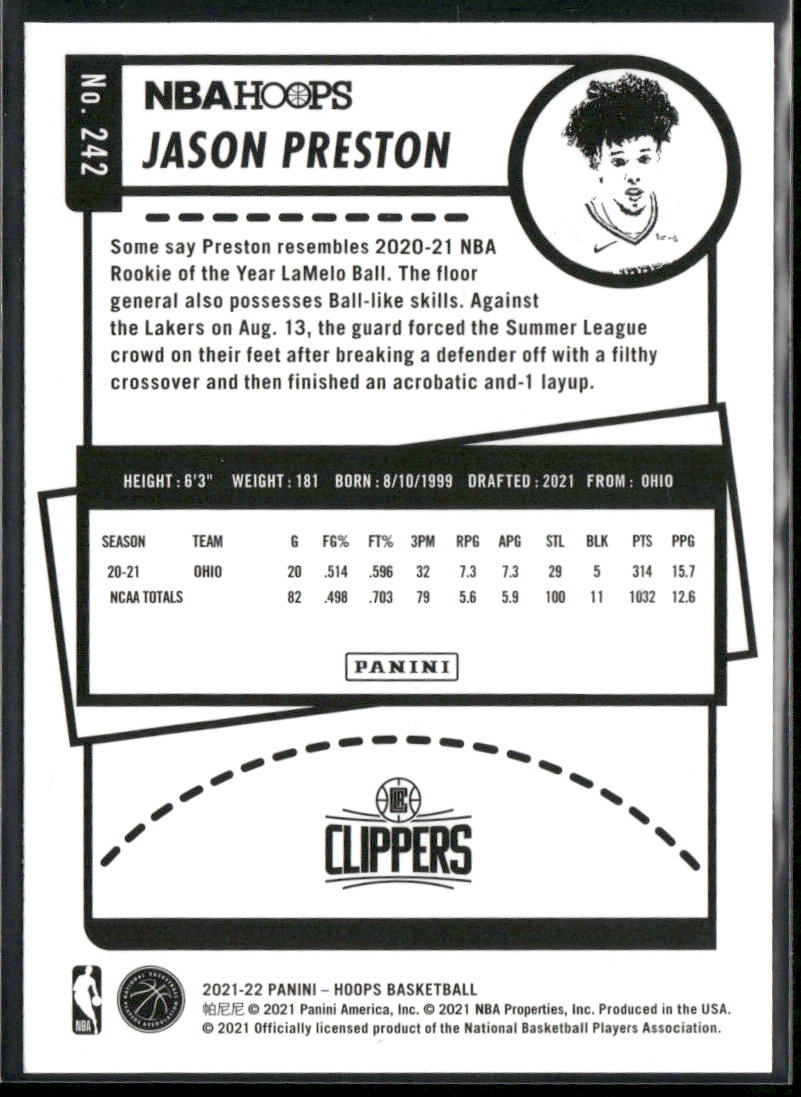 Jason Preston 2021-22 Hoops #242 RC Los Angeles Clippers