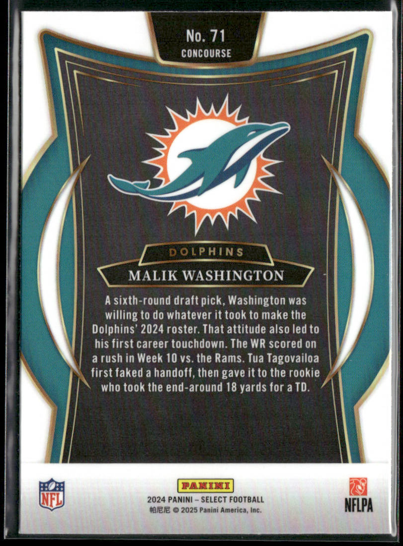 Malik Washington 2024 Panini Select #71 RC Miami Dolphins