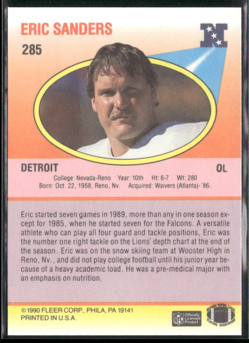 Eric Sanders 1990 Fleer #285 RC Detroit Lions