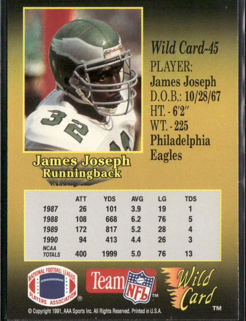 James Joseph 1991 Wild Card #45 RC Philadelphia Eagles