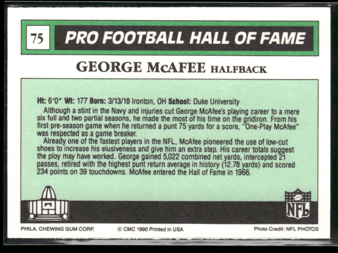 George McAfee 1990 Swell Greats #75 Chicago Bears