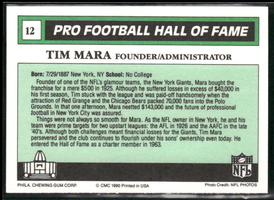 Tim Mara 1990 Swell Greats #12 New York Giants