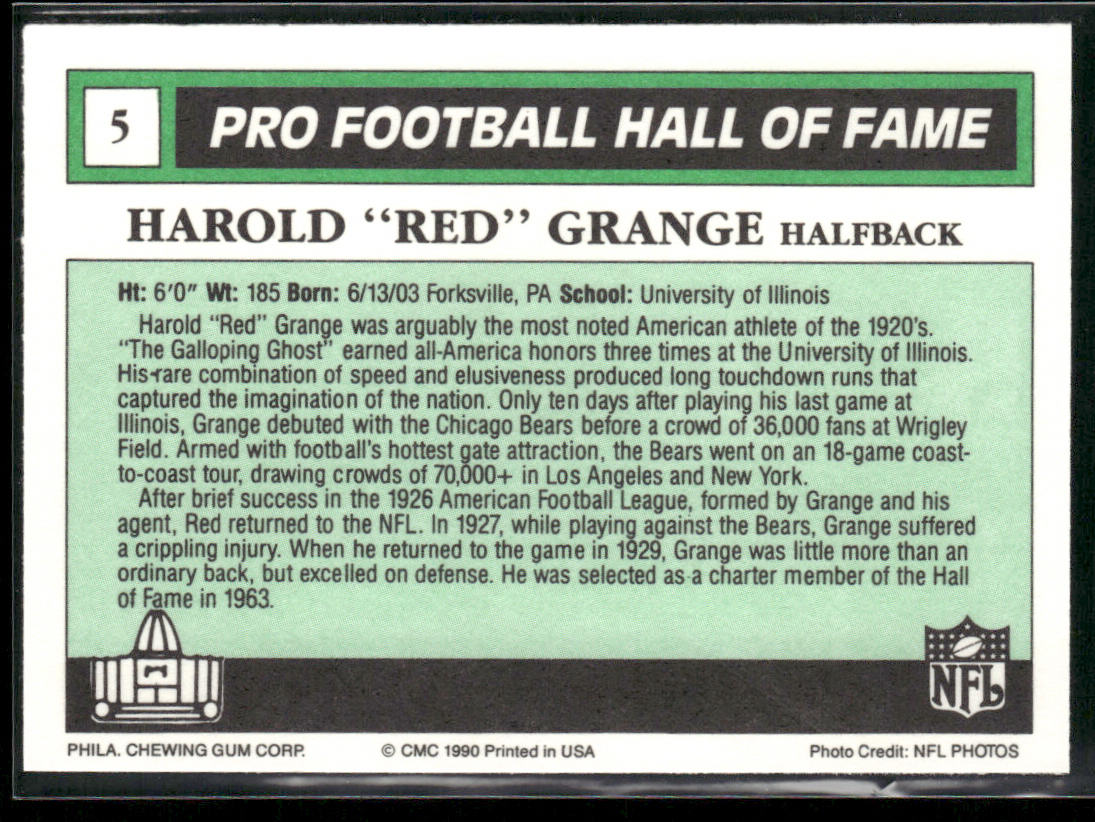 Harold "Red" Grange 1990 Swell Greats #5 Chicago Bears