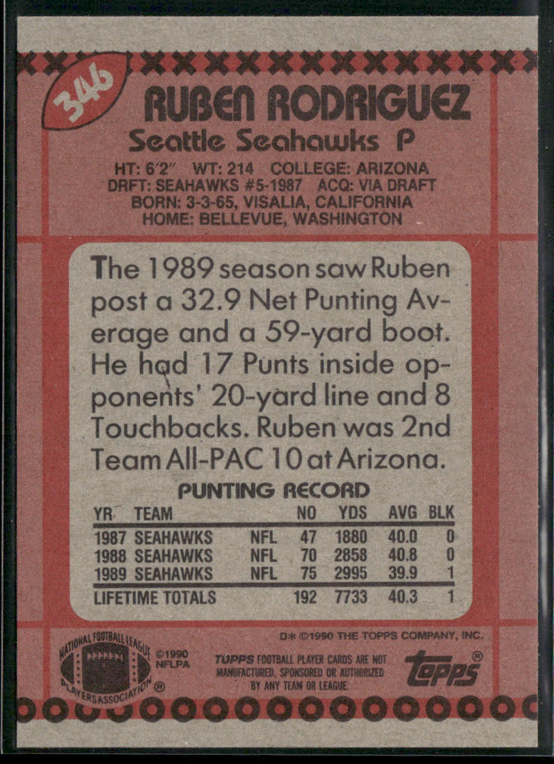Ruben Rodriguez 1990 Topps #346b Seattle Seahawks