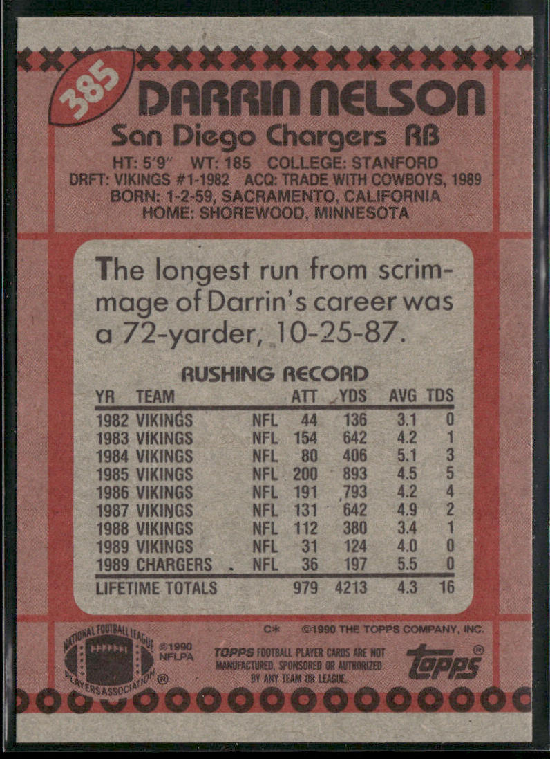 Darrin Nelson 1990 Topps #385b San Diego Chargers