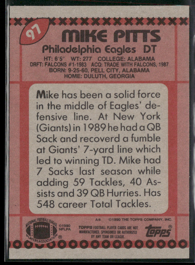 Mike Pitts 1990 Topps #97 Philadelphia Eagles