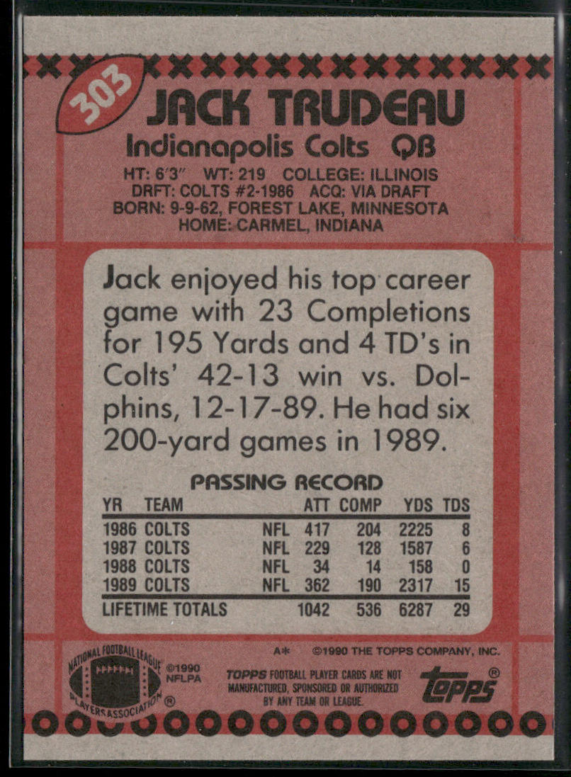 Jack Trudeau 1990 Topps #303 Indianapolis Colts