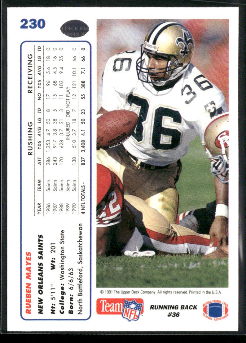 Rueben Mayes 1991 Upper Deck #230 New Orleans Saints