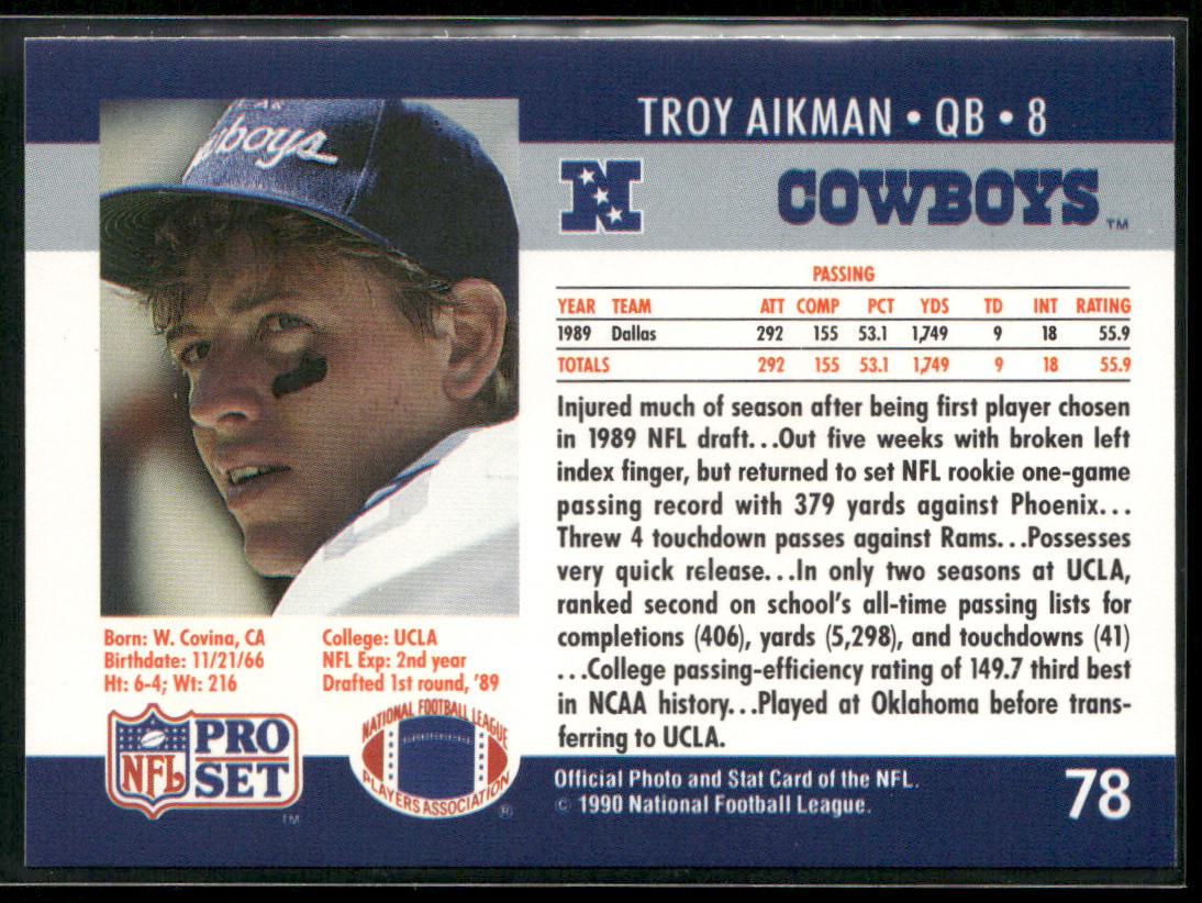 Troy Aikman 1990 Pro Set #78 Dallas Cowboys