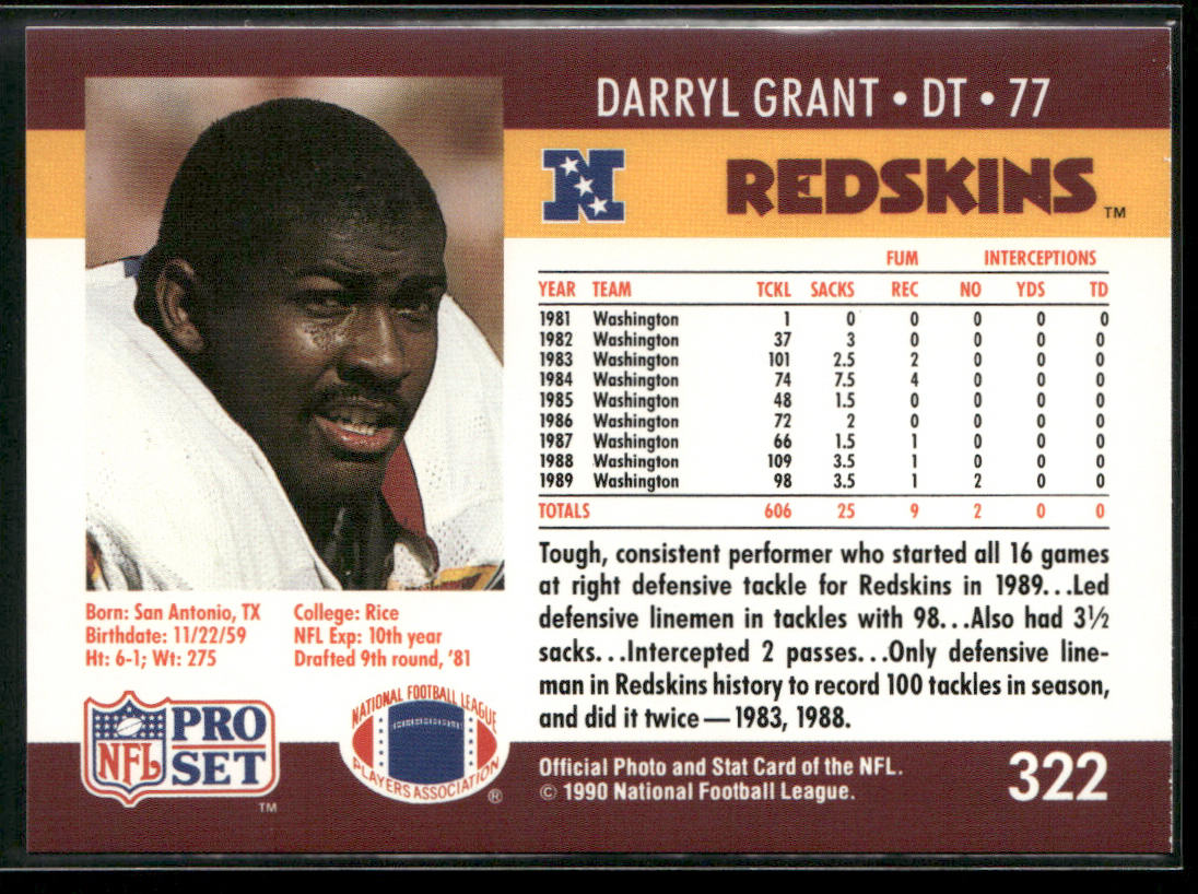 Darryl Grant 1990 Pro Set #322 Washington Redskins