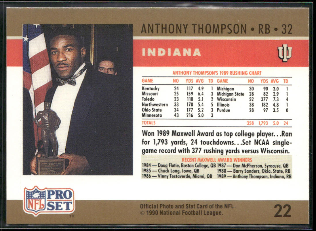 Anthony Thompson 1990 Pro Set #22a RC Indiana Hoosiers