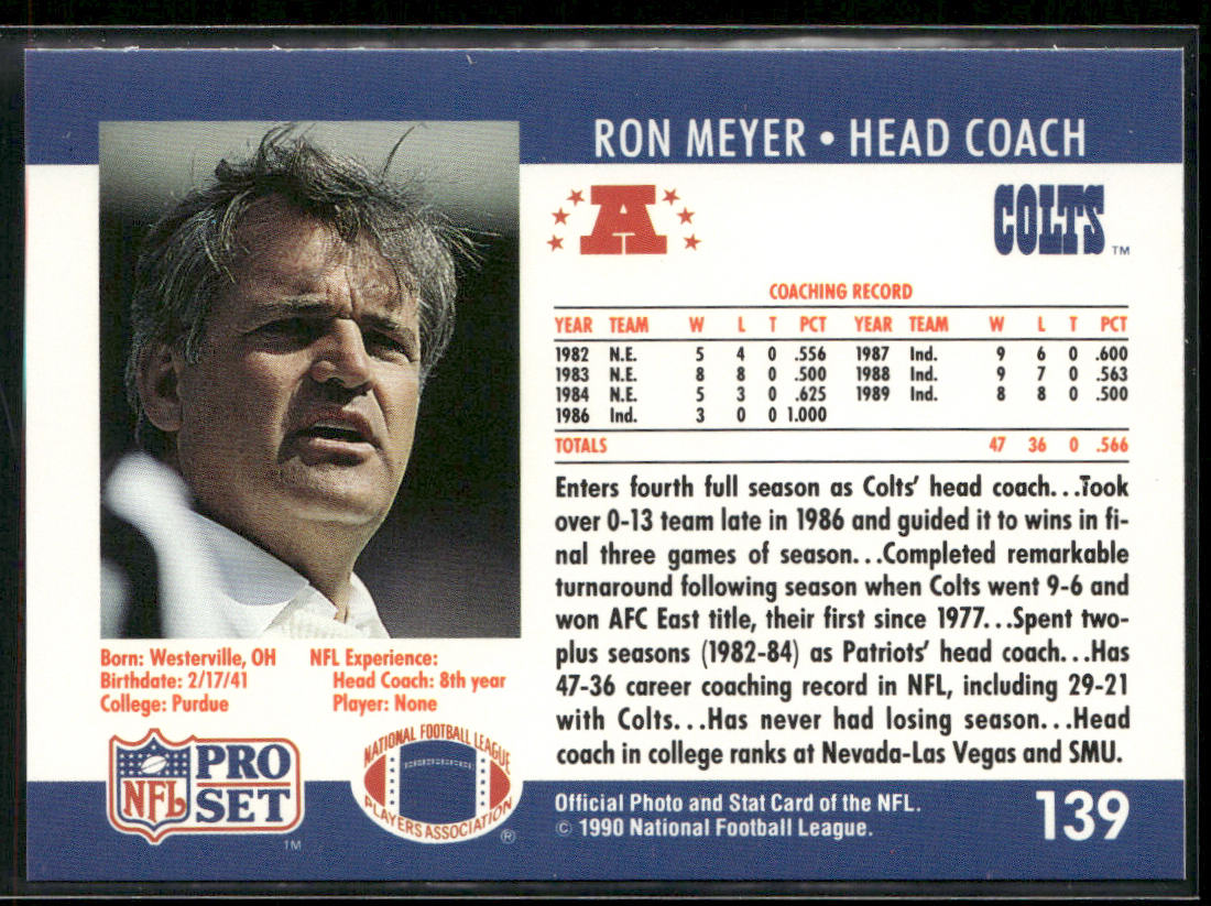 Ron Meyer 1990 Pro Set #139 Indianapolis Colts
