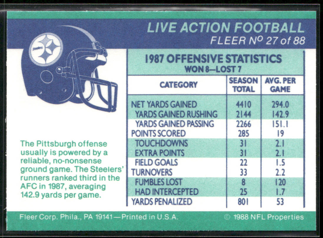 Life in the Fast Lane 1988 Fleer Team Action #27 Pittsburgh Steelers