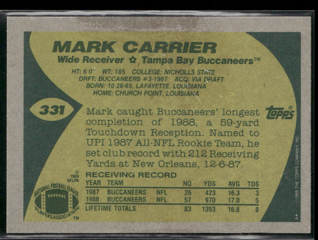 Mark Carrier 1989 Topps #331 RC Tampa Bay Buccaneers