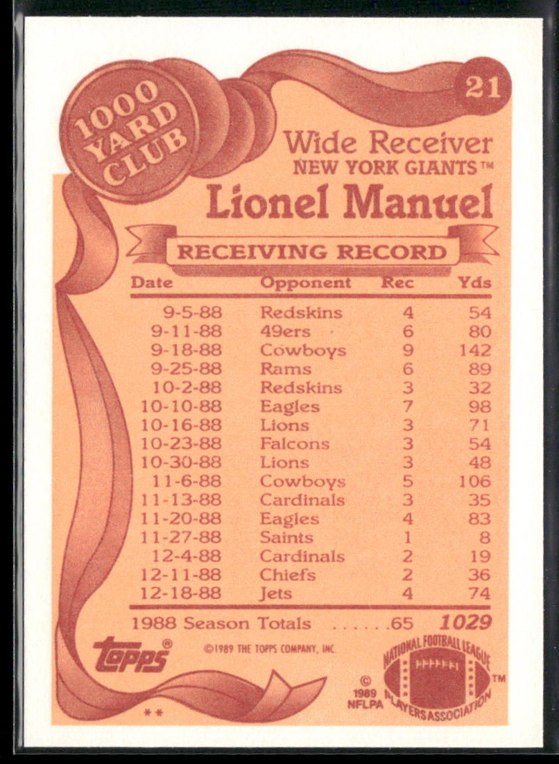 Lionel Manuel 1989 Topps 1000 Yard Club #21 New York Giants