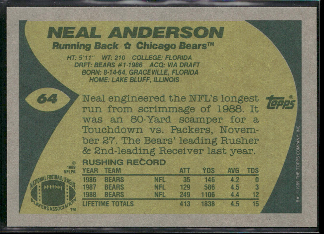 Neal Anderson 1989 Topps #64 Chicago Bears