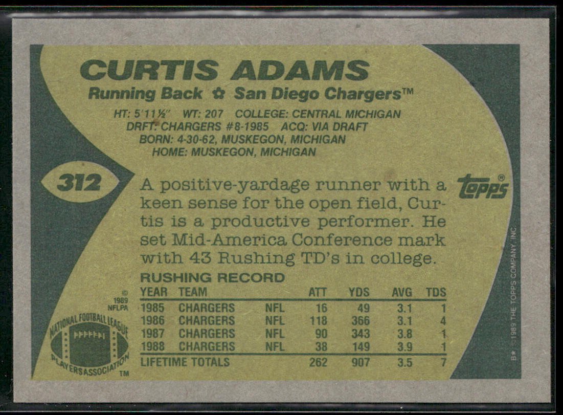 Curtis Adams 1989 Topps #312 San Diego Chargers