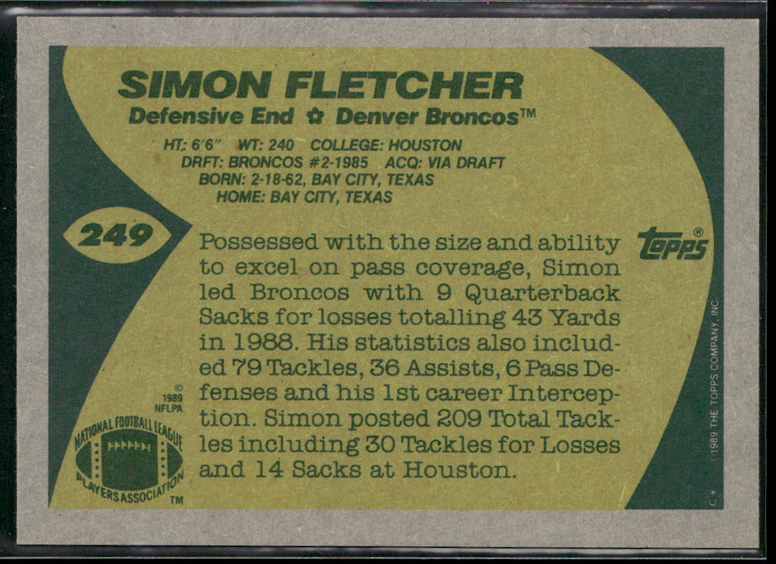 Simon Fletcher 1989 Topps #249 RC Denver Broncos