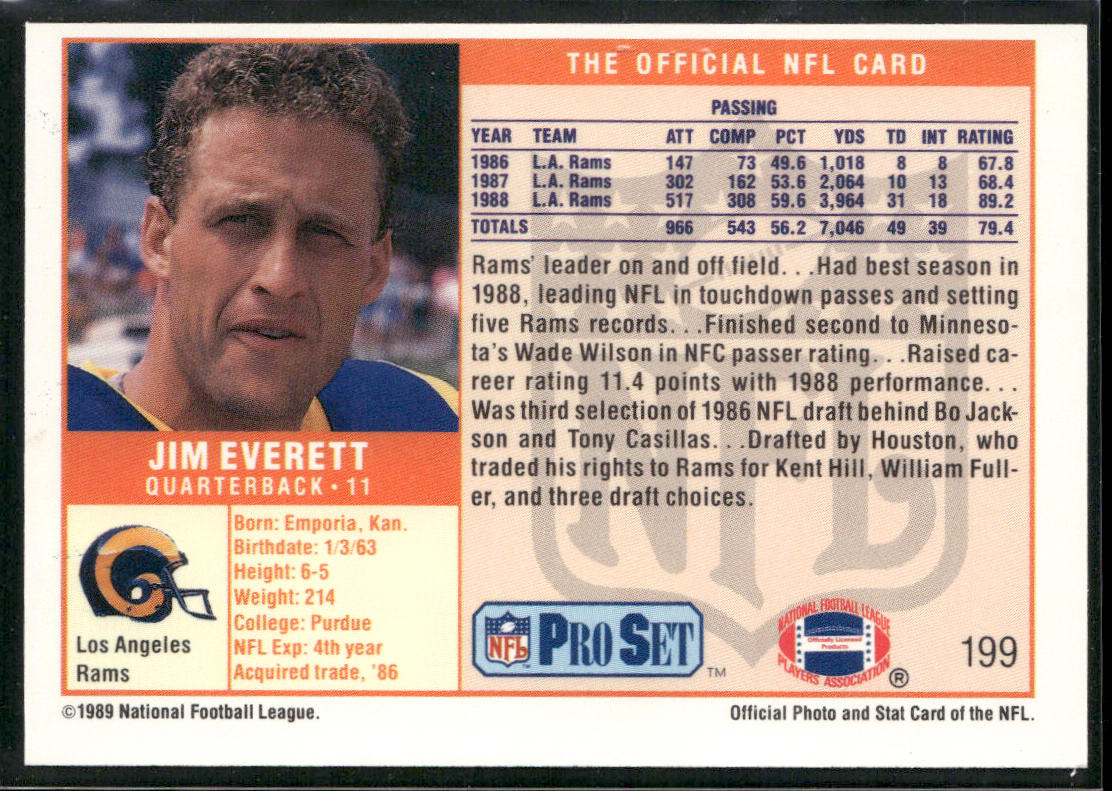 Jim Everett 1989 Pro Set #199 Los Angeles Rams back