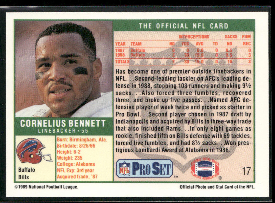Cornelius Bennett 1989 Pro Set #17 Buffalo Bills back