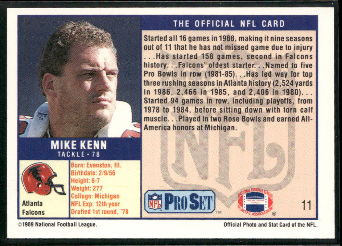 Mike Kenn 1989 Pro Set #11 Atlanta Falcons back