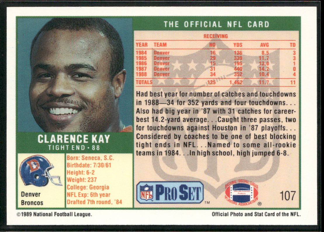 Clarence Kay 1989 Pro Set #107 Denver Broncos