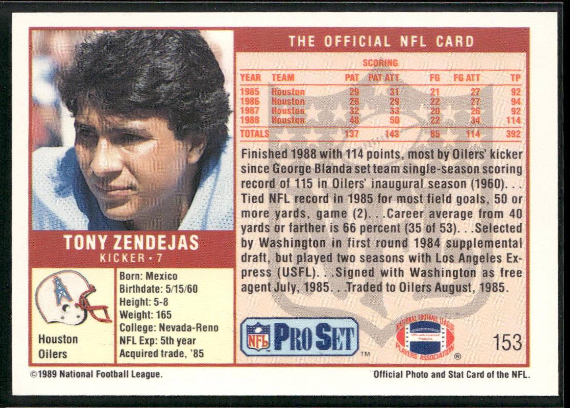 Tony Zendejas 1989 Pro Set #153 Houston Oilers