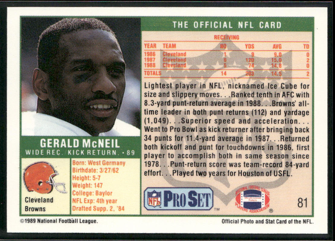 Gerald McNeil 1989 Pro Set #81 Cleveland Browns back