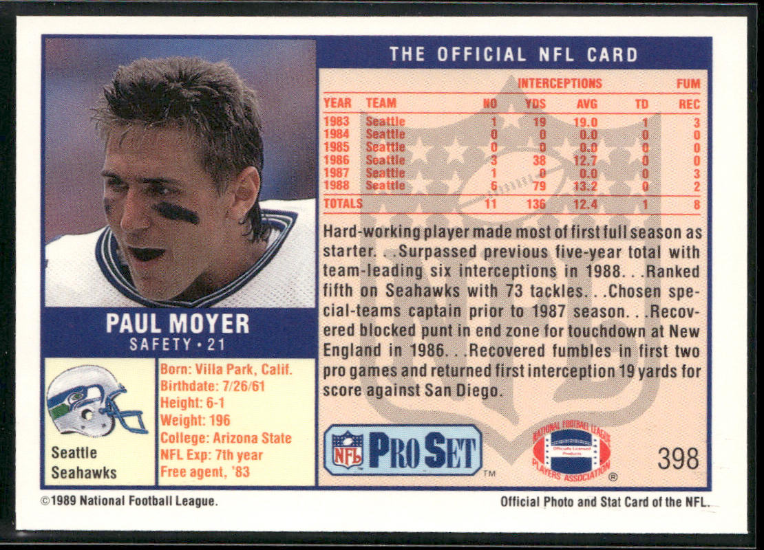 Paul Moyer 1989 Pro Set #398 Seattle Seahawks