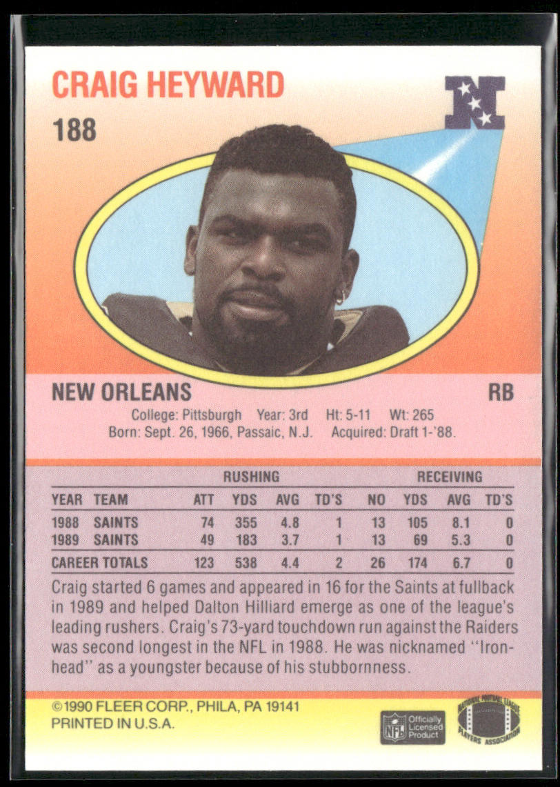 Craig Heyward 1990 Fleer #188 New Orleans Saints back