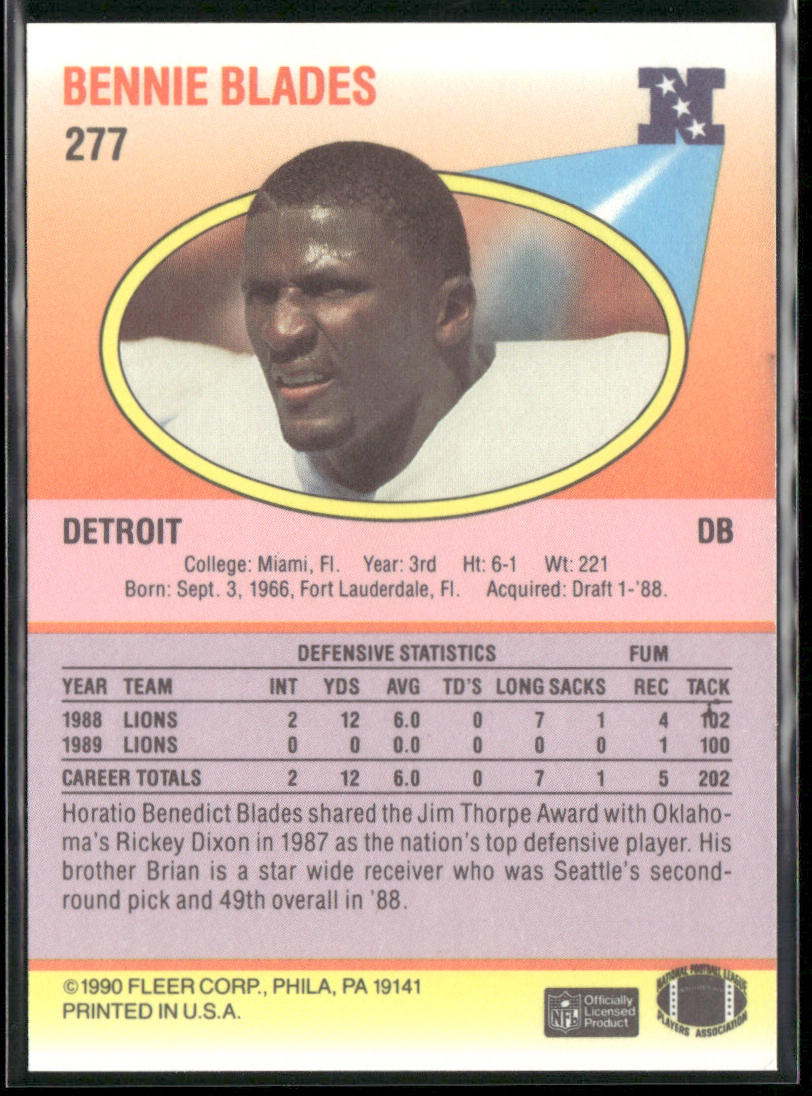 Bennie Blades 1990 Fleer #277 Detroit Lions back